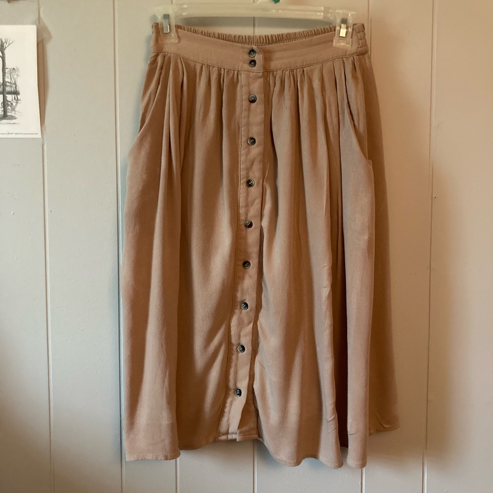 Main Street Exchange Tan Button-Front Midi Skirt